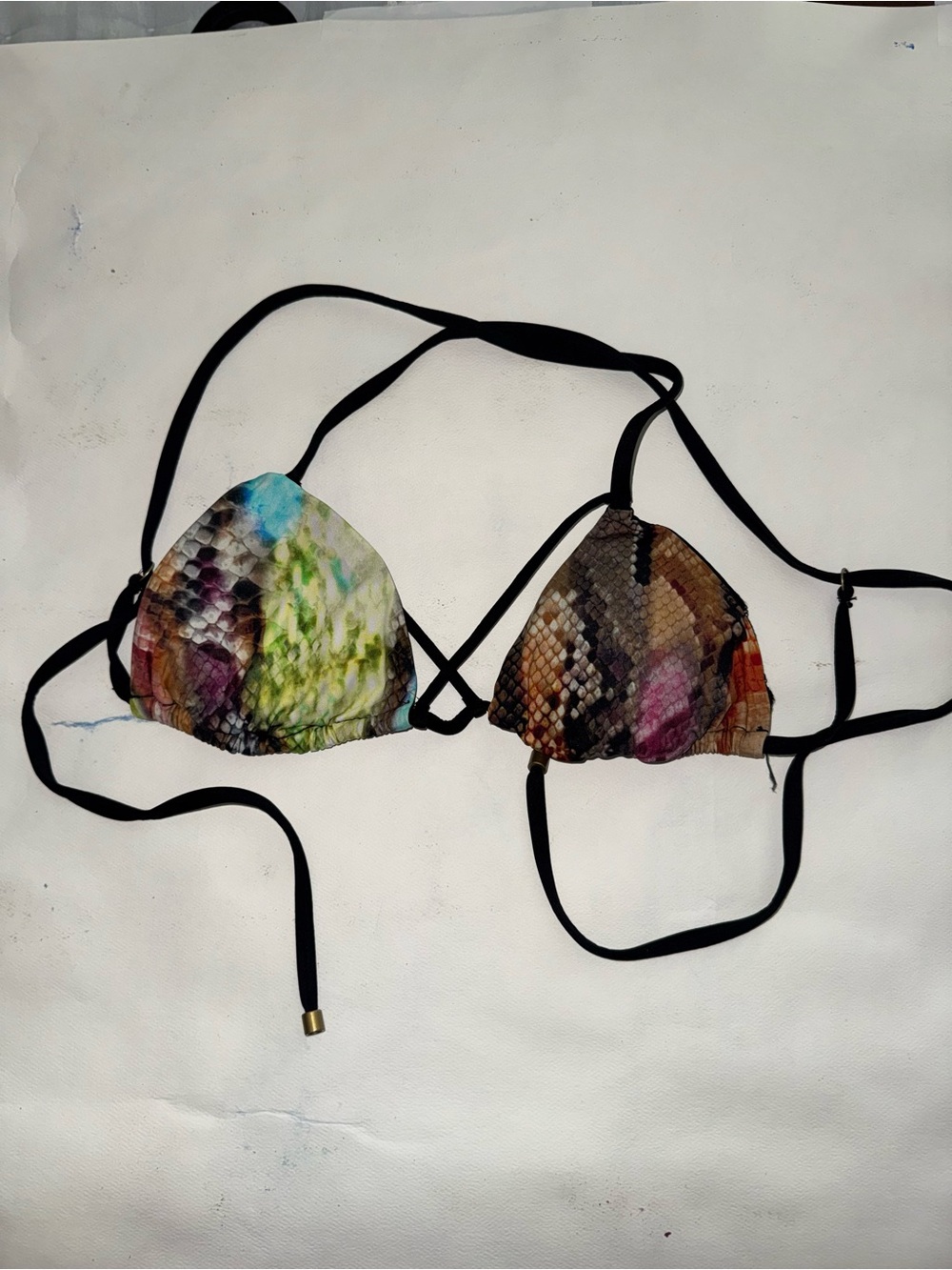 Amazon Multicolor Snake-Print Triangle Bikini Top with Black Straps